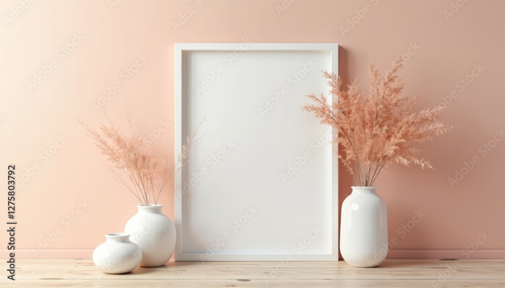 Poster mockup poster frame with decorative vases in pink peach fuzz wall interior. empty blank canvas templ