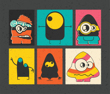 Naklejki set of cartoon monsters on color grunge backgrounds 