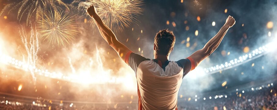 An athlete breaking a world record, standing triumphantly with a gold medal and fireworks in the background