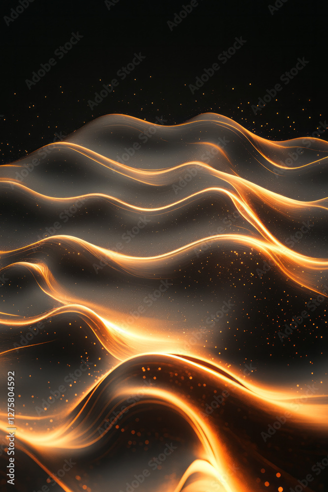 Poster micro-shot of a rippling metallic plane showing gentle folds, each accented by a delicate golden