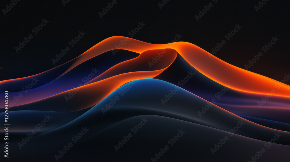 Poster minimalist composition of drifting dune shapes outlined by vivid orange and cyan lines, forming a