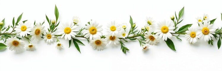 Floral garland composition with fresh green leaves, twig and daisy flowers isolated on white backdrop. Floral design for invitations and greetings. Spring, summer flowers decoration.
