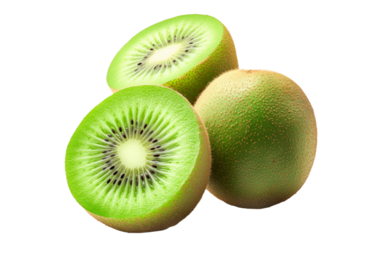 Whole and halved kiwi fruits with vibrant green flesh and brown fuzzy skin, isolated on white transparent background. Concept of tropical fruit freshness