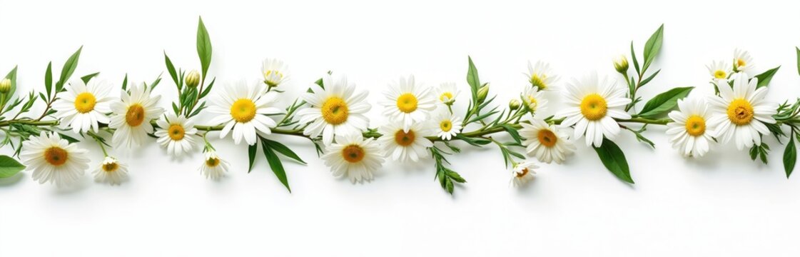 Floral garland composition with fresh green leaves, twig and daisy flowers isolated on white backdrop. Floral design for invitations and greetings. Spring, summer flowers decoration.