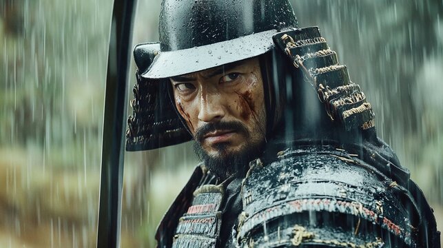 A samurai swordsman in battle armor, standing in the rain with their sword sheathed - Powered by Adobe