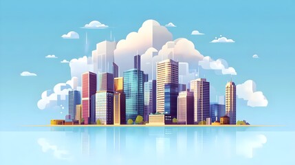 Fototapeta premium A wide-angle 3D cityscape with digital cloud icons floating overhead, representing SaaS, advanced connectivity, modern technology for banners or ads, cloud computing, digital transformation, and scala