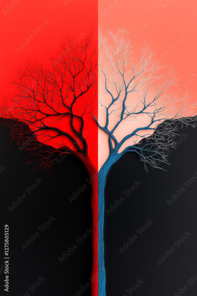 Poster abstract lines branching out like lightning, half in vivid red and half in icy blue, converging at
