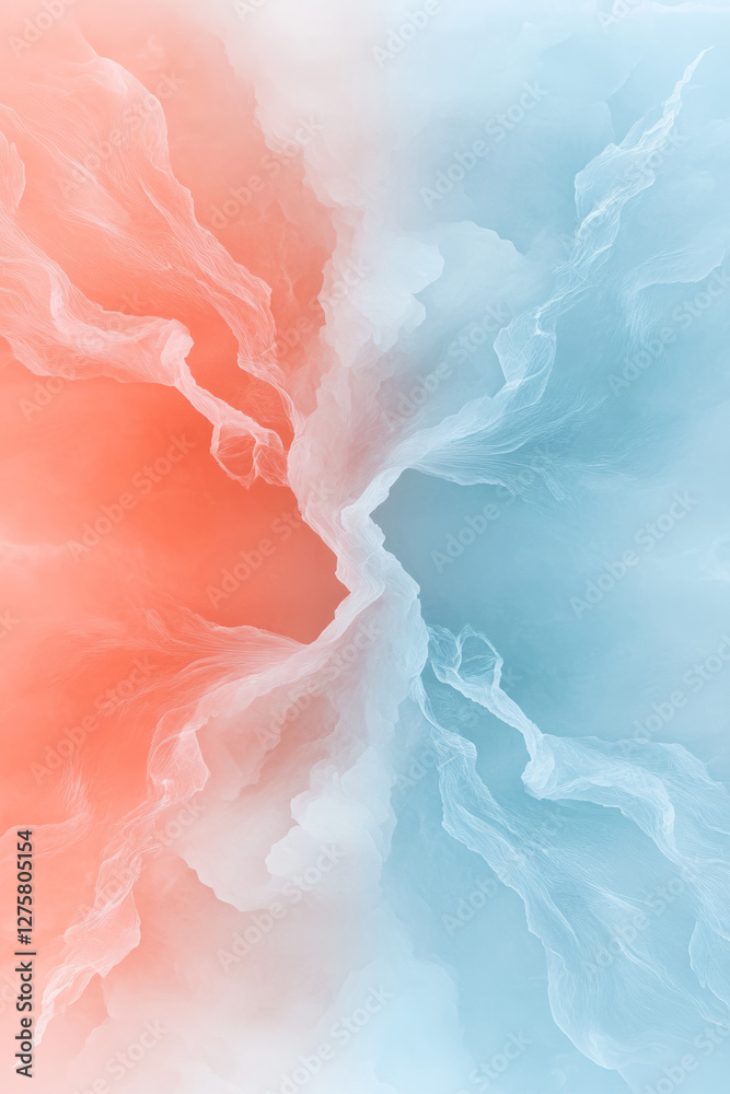 Poster abstract lines branching out like lightning, half in vivid red and half in icy blue, converging at