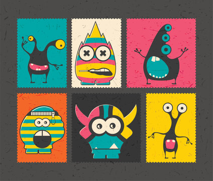 Naklejki set of cartoon monsters on color grunge backgrounds 