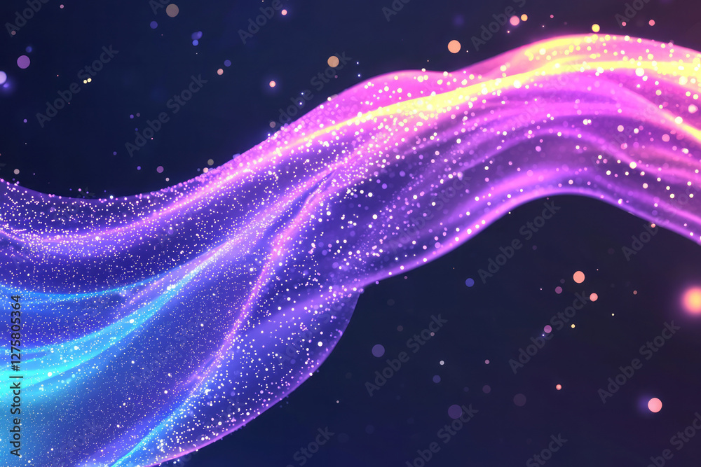 Poster glittering wave of pastel sparkles forming a rippling arc through shadowy space, leaving twinkling