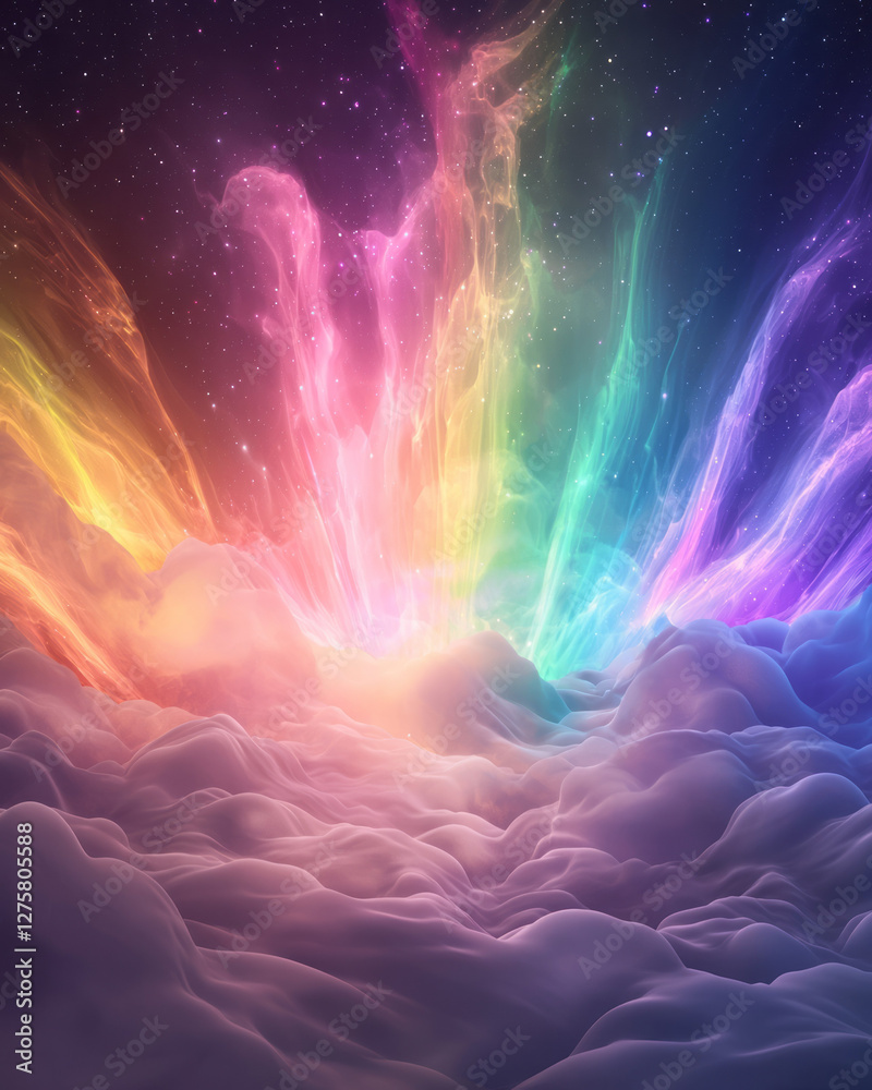 Fototapete Energetic central glow where color-laced beams shoot outward, gradually dissolving into a field of