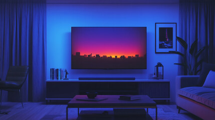 Wide lcd tv screen hanging on wall in living room at night. Modern house interior with flat plasma television set, stand and table. Vector realistic illustration of blank glowing screen in dark room