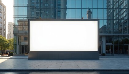 Large horizontal blank advertising billboard in front of modern building in urban city. Digital light box display screen for OOH media mock-up. Advertisement concept.