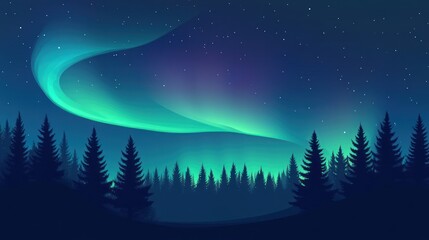 Fototapeta premium Night sky aurora borealis over forest, stars, design