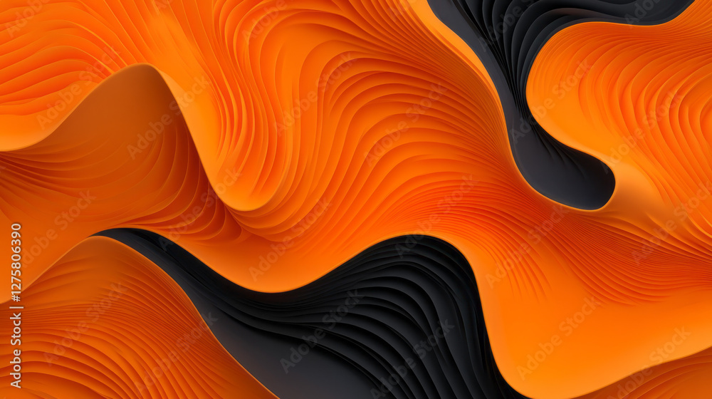 Poster Repeating pattern of undulating black lattice lines against a warm, gradient orange backdrop,