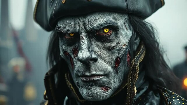  undead zombie pirate captain sailing on ship in ocean covered with fog and mist