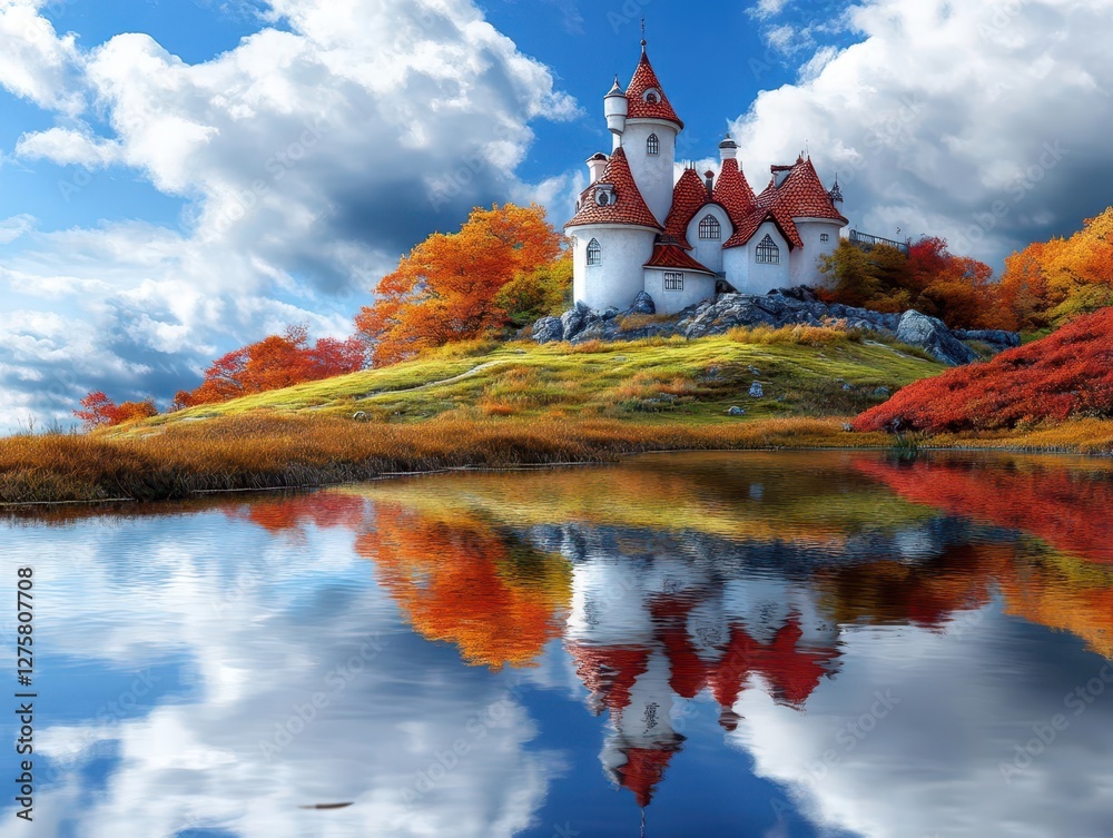 Poster castle in the middle of a lake with surrounding trees and natural landscape view