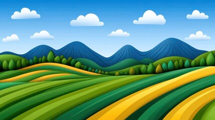 Obraz premium Beautiful landscape Wonderful landscape of green fields and meadows against the backdrop of mountains Vector illustration