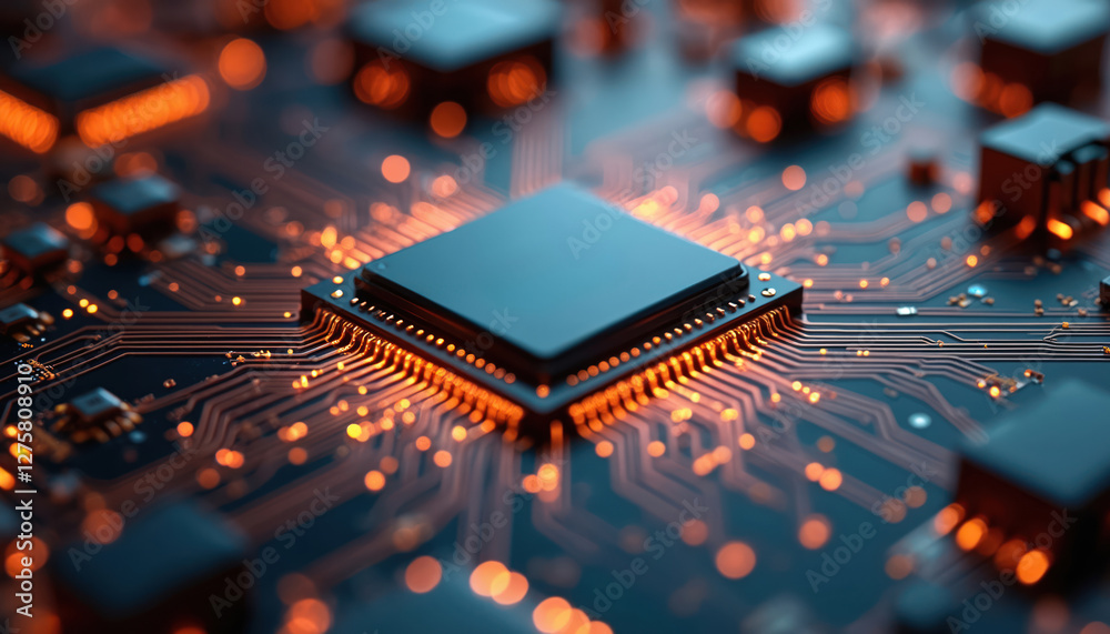 Aufkleber Electronic circuit board features processor with generative ai. Electronic hardware includes computer chips on motherboard, advanced engineering, digital equipment, hi-tech microchips, integrated