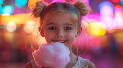 Fototapeta premium Girl with Fluffy Pink Cotton Candy, Colorful Blurred Lights in the Background