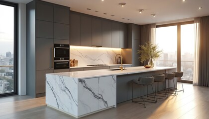 Modern kitchen design in luxury apartment features marble island, grey cabinets, white countertop, gold faucet. Stylish living space contemporary home interior with sleek, elegant aesthetics.