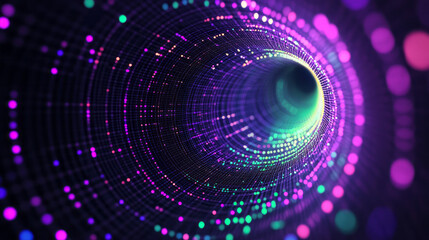 Hypnotic vortex made of small pixel blocks that radiate outward, shifting through bold purples,