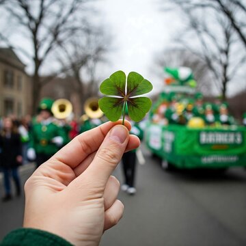 hand holding a four-leaf clover against a blurred background of a St. Patrick's Day parad
