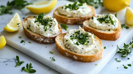 Bright and airy setting with crostini presented on a white marble slab, scattered with fresh herbs and lemon wedges for a fresh spring vibe