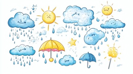 Fototapeta premium Playful Weather Elements Featuring Sun, Clouds, and Umbrella Designs