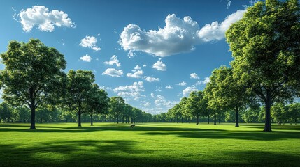 Sunny park, green grass, trees, clouds, serenity