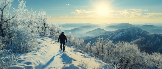 Hiker on snowy mountain peak, winter sunrise, misty valley. Travel, adventure
