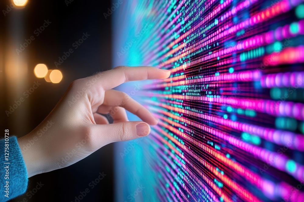 Poster Person touching a finger on a computer screen in a modern office setting with technology and digital interface