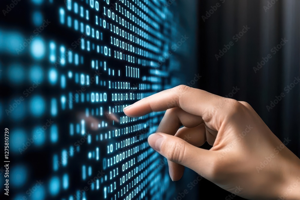 Aufkleber Big data technology and data science with person touching data flowing on virtual screen Business analytics