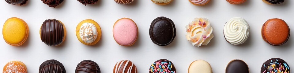 Obraz premium Delectable Overhead View of Donut Assortment, Delicious Variety of Donut Treats on White Display.