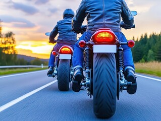 Naklejka premium Biker couple riding down the road in the sunset