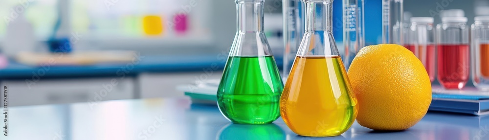 Poster row of test tubes filled with vibrant colored liquids in a laboratory setting for scientific researc