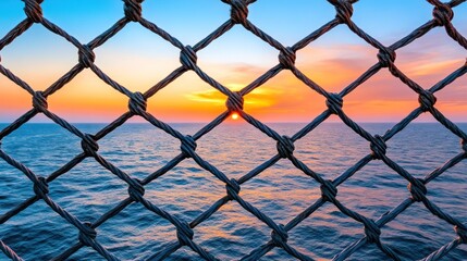 Fototapeta premium Ocean sunset view through knotted net fence