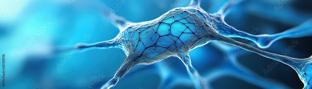 Poster detailed close-up of blue neuron cells showcasing neural network structure and connections