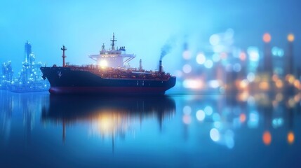 Fototapeta premium Ocean tanker at dusk, city lights blurred background, global trade concept