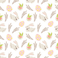 Cute Easter seamless pattern with eggs, bunny and flowers vector illustration