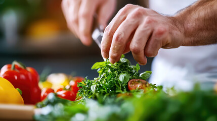 Fresh herbs and vegetables being chopped in vibrant cooking demonstration