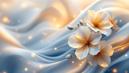 Fototapeta premium A dreamy floral composition with blue and golden flowers arranged in a swirling wave-like pattern, enhanced by soft lighting, subtle sparkles, and flowing ribbon-like elements.