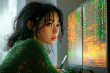 A young woman with a green cybernetic implant intently focuses on code displayed on dual monitors.