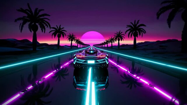 Retro-futuristic video scene with a low-angle view of a neon-lit car on a palm-lined road, set against a vibrant sunset and glowing horizon. - Powered by Adobe