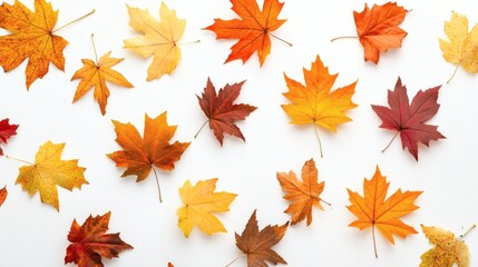 Obraz premium Colorful Autumn Leaves Spread on White Background for Fall Decor