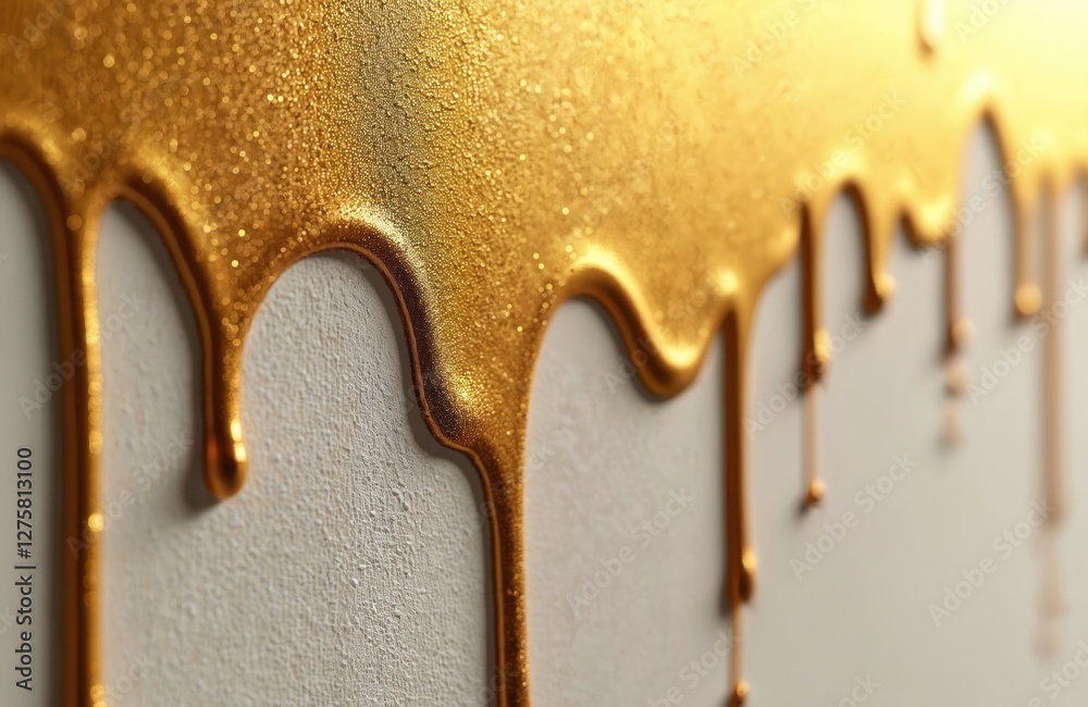 Poster close-up of textured canvas with dripping metallic gold paint. abstract flow of liquid golden color 
