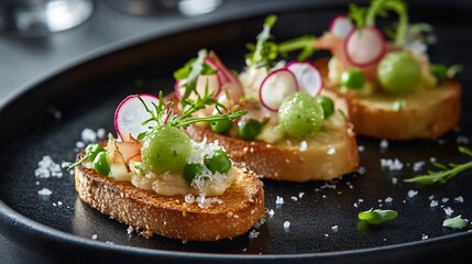 Elegant plating of spring pea and radish crostini, dramatically lit with side shadows, on a deep charcoal backdrop with a fine dining ambiance