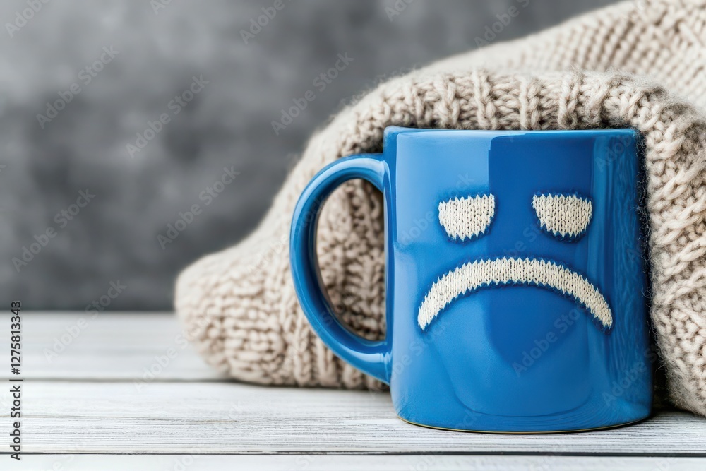 Poster blue mug with a sad face design isolated on a white background for emotions and expressions concept