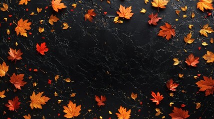 Colorful Autumn Leaves Arranged on Dark Marble Background Surface