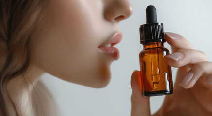  close-up of a woman's face and upper body. She is holding a small amber-colored bottle with a dropper in her right hand and is about to take a sip from it.